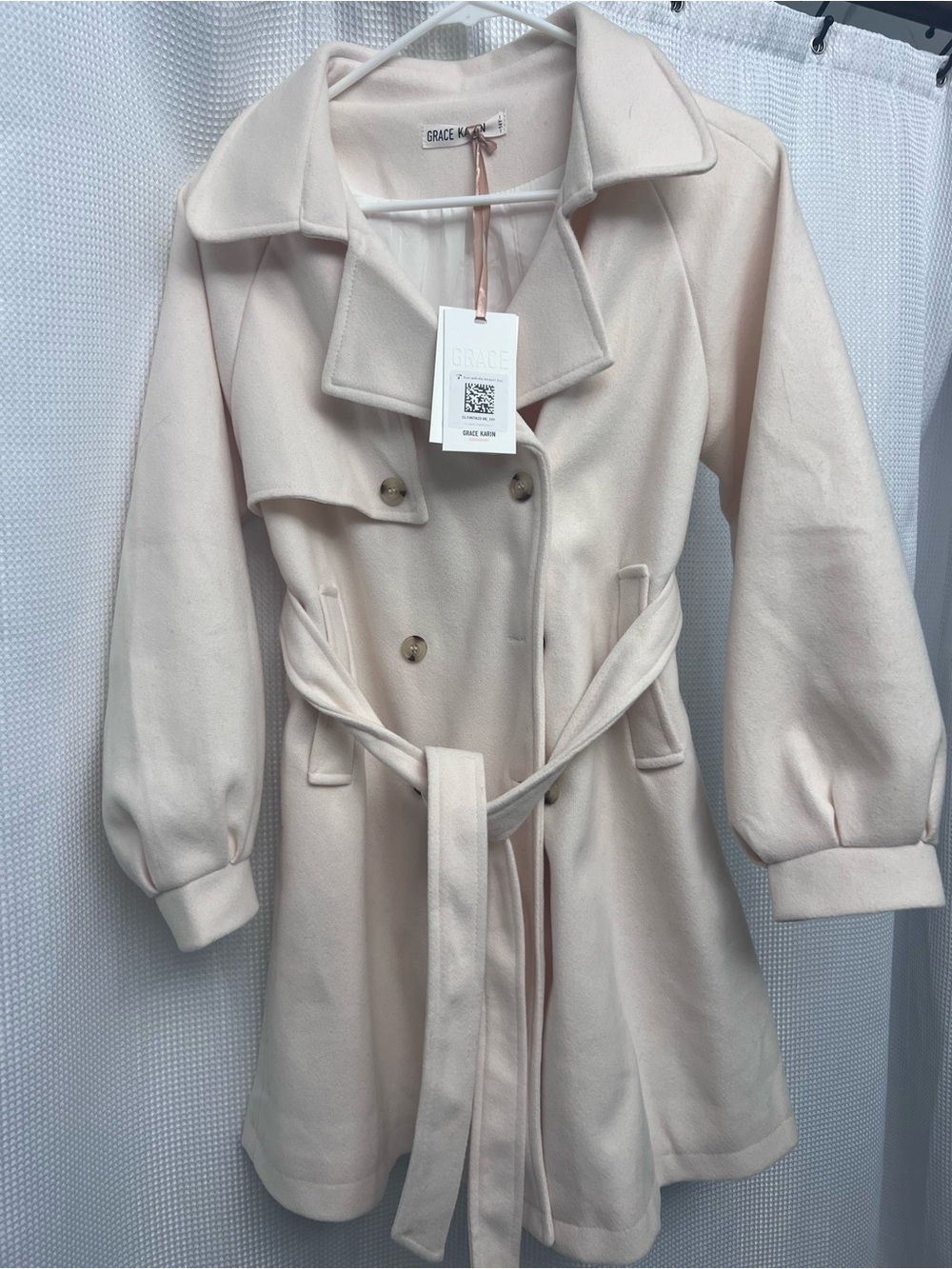 Grace Karin Cream Double-Breasted Trench Coat with Self-Tie Belt